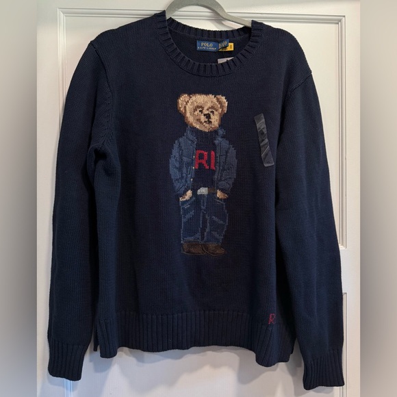 Polo Ralph Lauren Cotton-Linen Crewneck Bear Sweater Navy Blue XL NWT - Picture 2 of 7